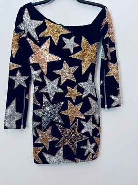 Sequin Star Mini Dress - Black with Gold & Silver Stars
